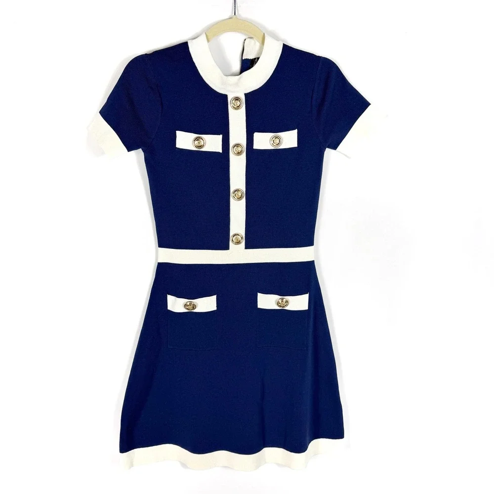 Alexia Admor Beatrix Mini Dress Navy Blue White Contrast Knit Button Women XS